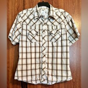 BKE Buckle TAN BROWN Western Short Sleeve Pearl Snap Shirt Men XL Slim Fit Plaid